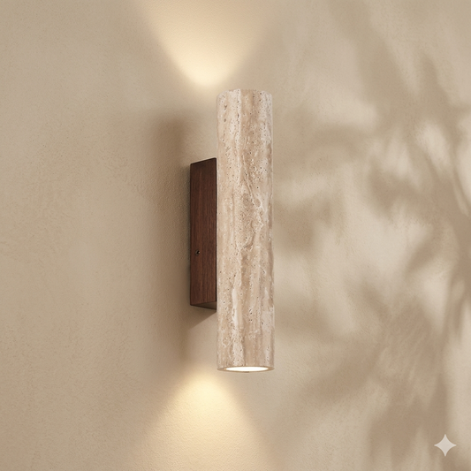 Bedroom Wall Lamp, LED Travertine Natural Stone, 28-32 cm, Warm White Up & Down Light