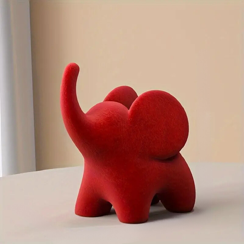 Stylized Elephant Figurine in Resin with Flocked Velvet Finish
