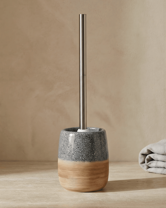 Ceramic Toilet Brush Set – Wood-Texture Base – Stainless Steel Handle - White