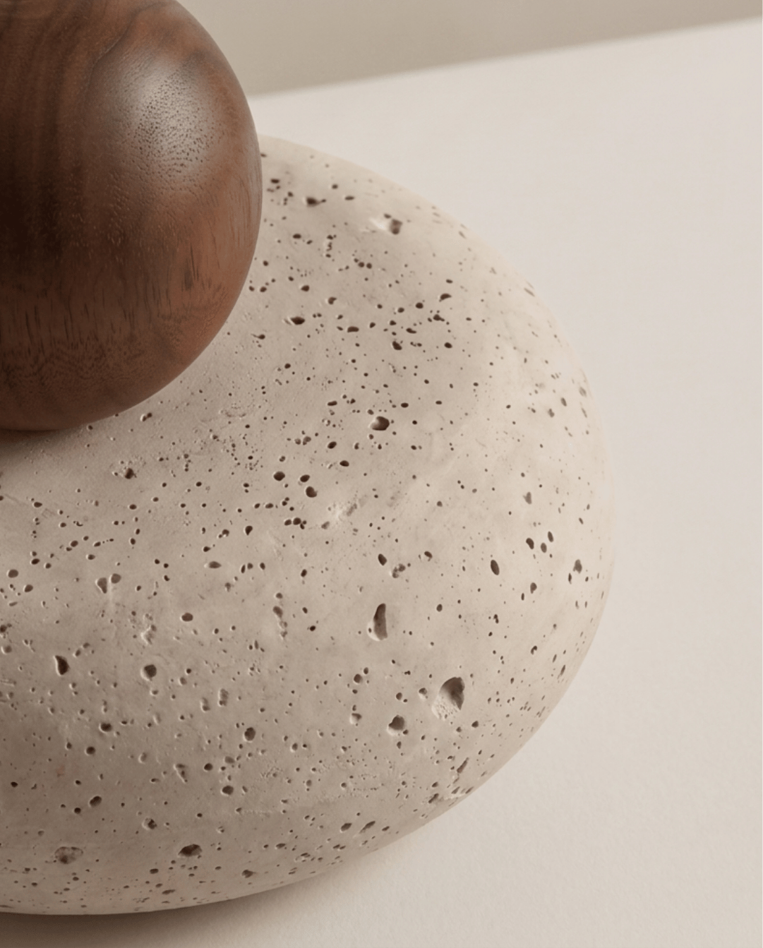 Cove Pendant Light in Beige Travertine with Wooden Accent