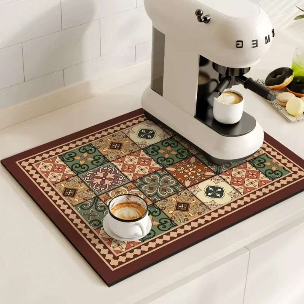 Absorbent retro tile design kitchen mat | Stylish dish drying mat for coffee stations 14