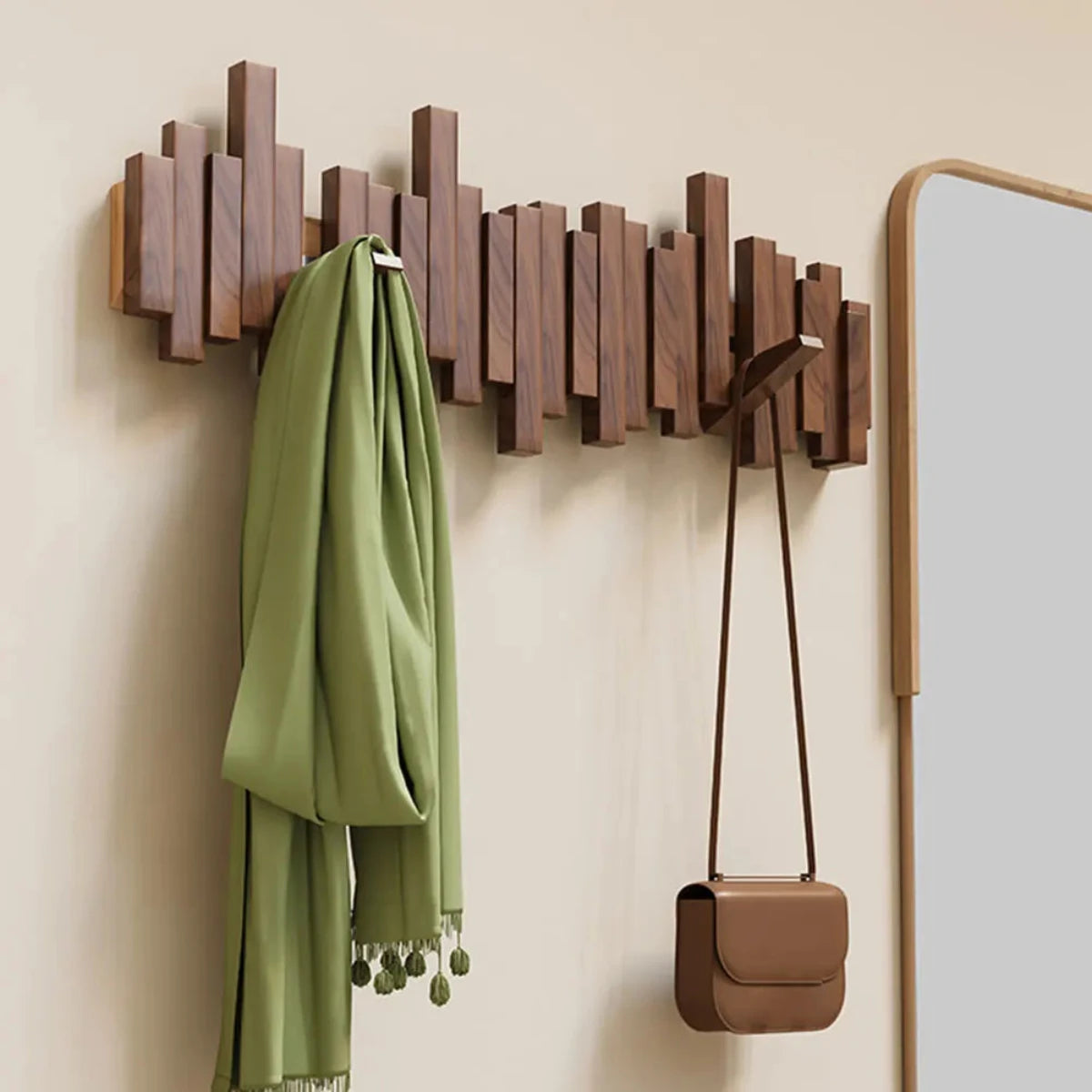 Wooden Piano-Key Coat Rack, Solid Walnut or Beech Wood, for Hallway & Bedroom