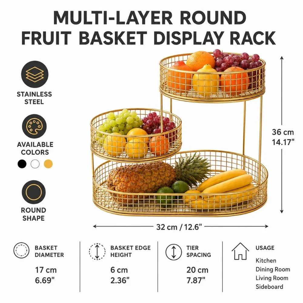 Stainless Steel Multi-Layer Round Fruit Basket Display Rack