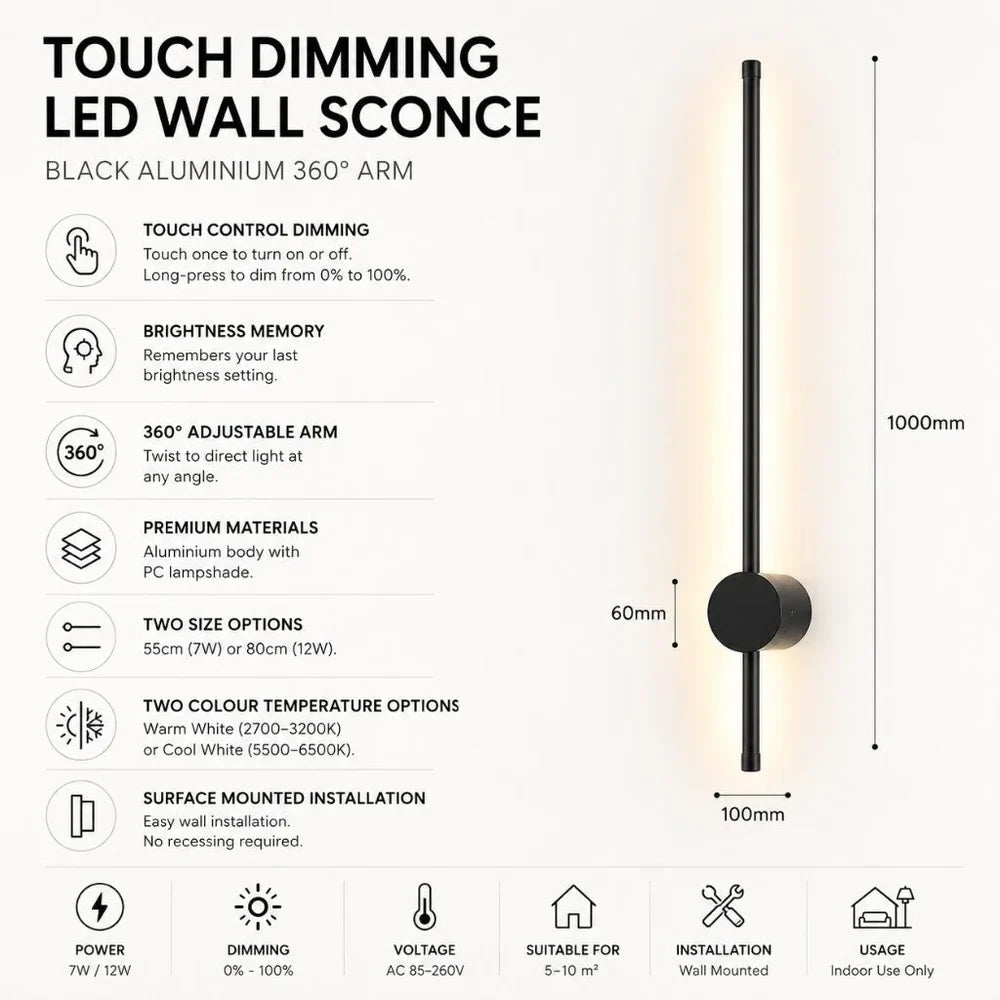 Touch Dimming LED Wall Sconce Black Aluminium 360 Arm