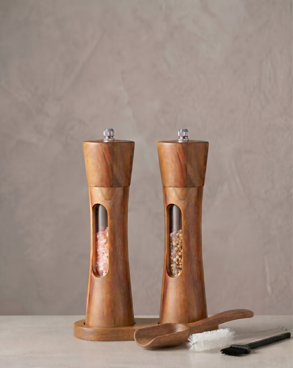 Acacia Wood Salt and Pepper Mill Set - Manual Kitchen Mills with Stand