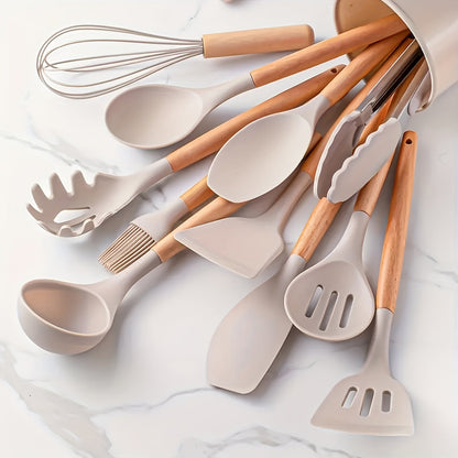 12-Piece Kitchen Utensil Set, Silicone with Wood Accent, Heat-Resistant to 230°C, Non-Stick