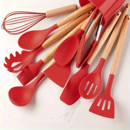 12-Piece Kitchen Utensil Set, Silicone with Wood Accent, Heat-Resistant to 230°C, Non-Stick