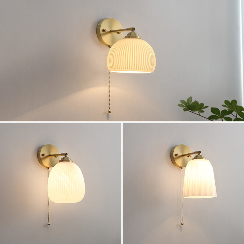 Striped Glass Brass Wall Sconce, Pull Cord, E26, Three Designs