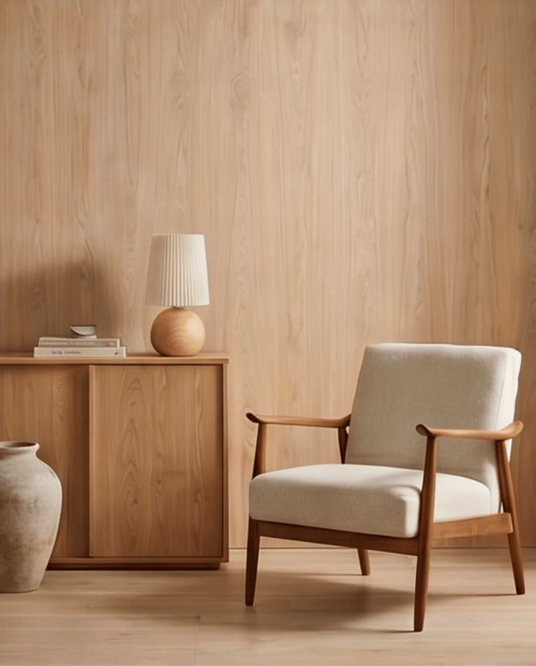Table Lamp in Ceramic with Wood Design and Fabric Shade - Round, 28.5 cm