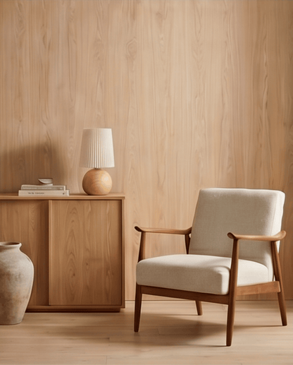 Table Lamp in Ceramic with Wood Design and Fabric Shade - Round, 28.5 cm