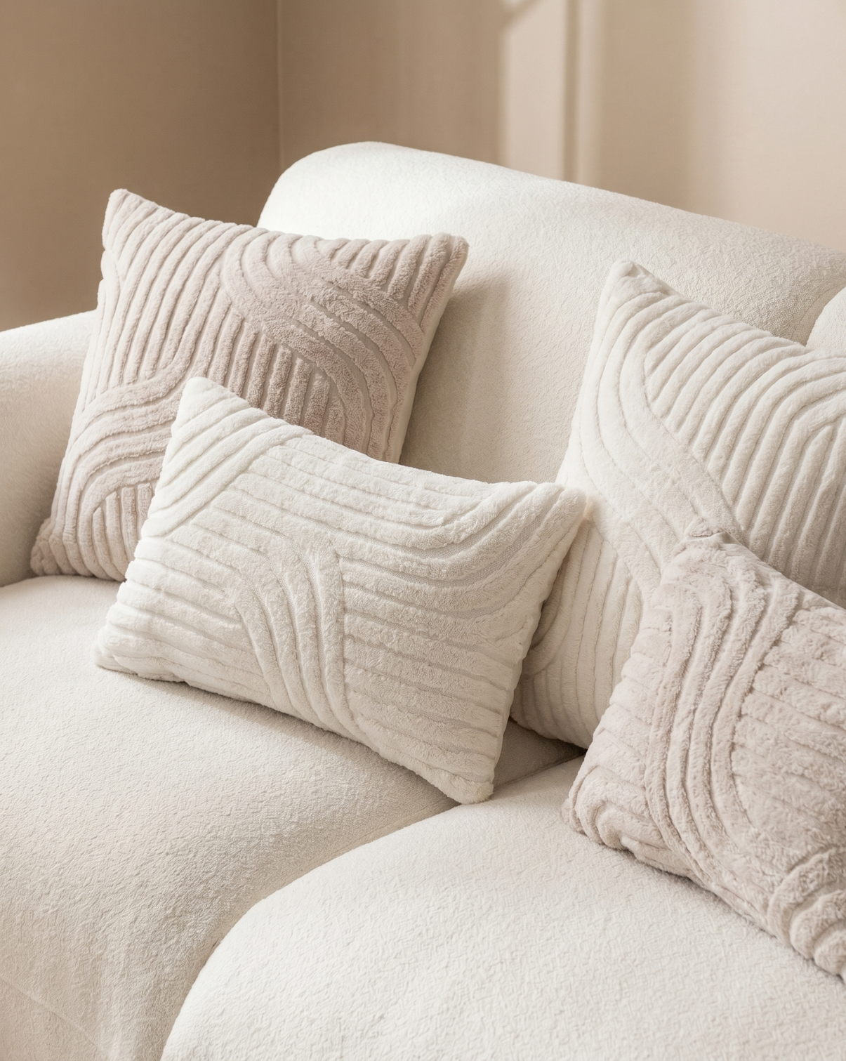 Boho Abstract Cushion Covers Set of 2 – Soft Plush Geometric Pattern - White