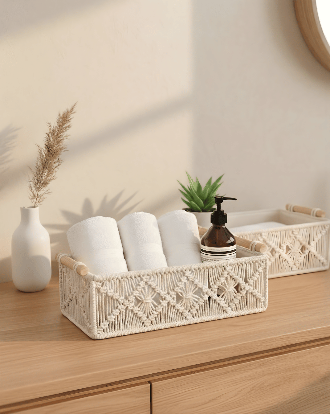 Boho Storage Baskets Set (2 Pieces) - Woven Organizer with Wooden Handles - White
