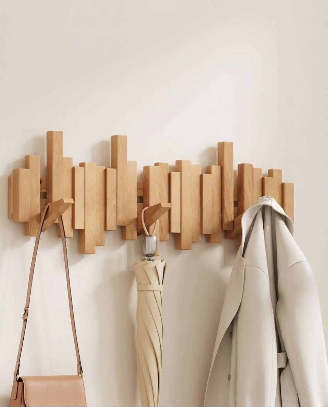 Wooden Wall Coat Rack with Folding Magnetic Hooks – Beech Wood, 3 to 10 Hooks - Walnut