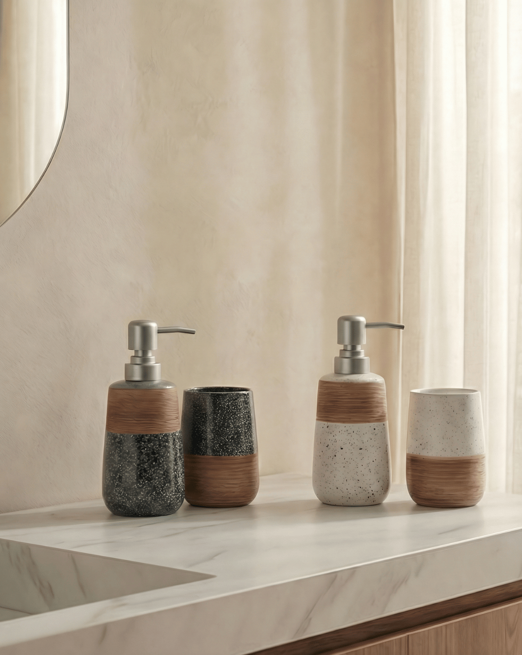 Flint Bathroom Set 2-Piece Speckled Ceramic with Bamboo Design, 18 cm - Grey