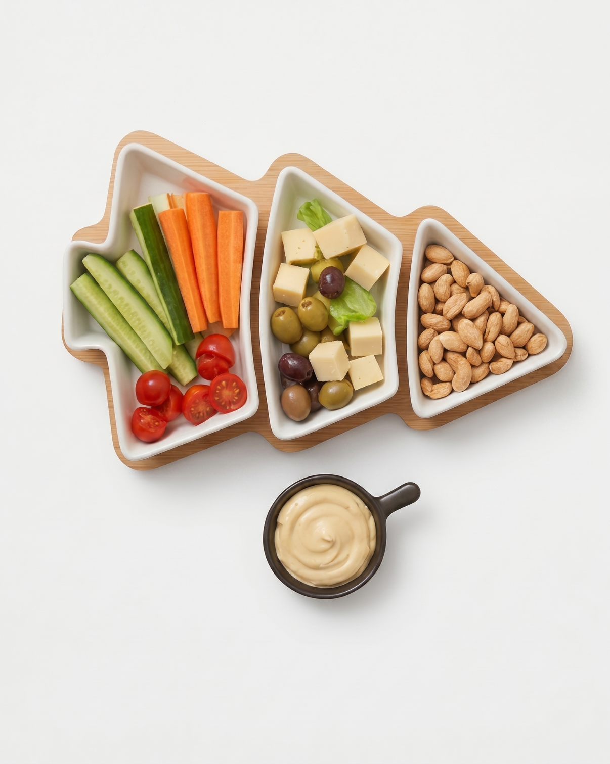 Grove Serving Bowl Set in Glossy White Porcelain with Bamboo Tray - White