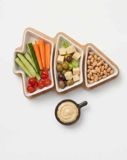 Grove Serving Bowl Set in Glossy White Porcelain with Bamboo Tray - White