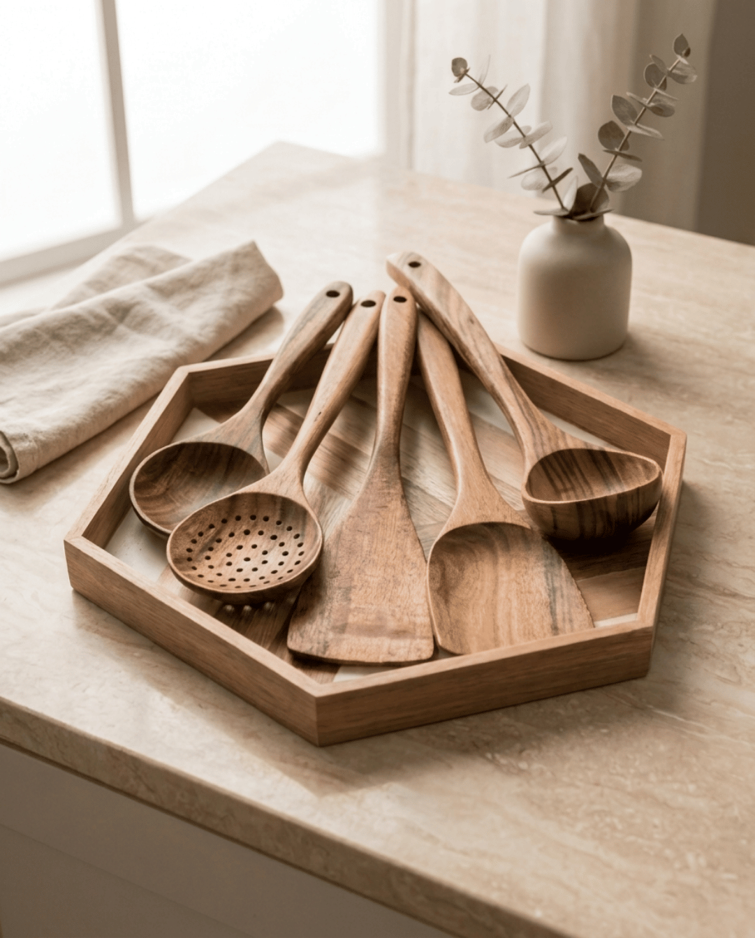 Teak Wood Kitchen Utensil Set 5-Piece - Natural Wooden Cookware Tools - 5 Pieces