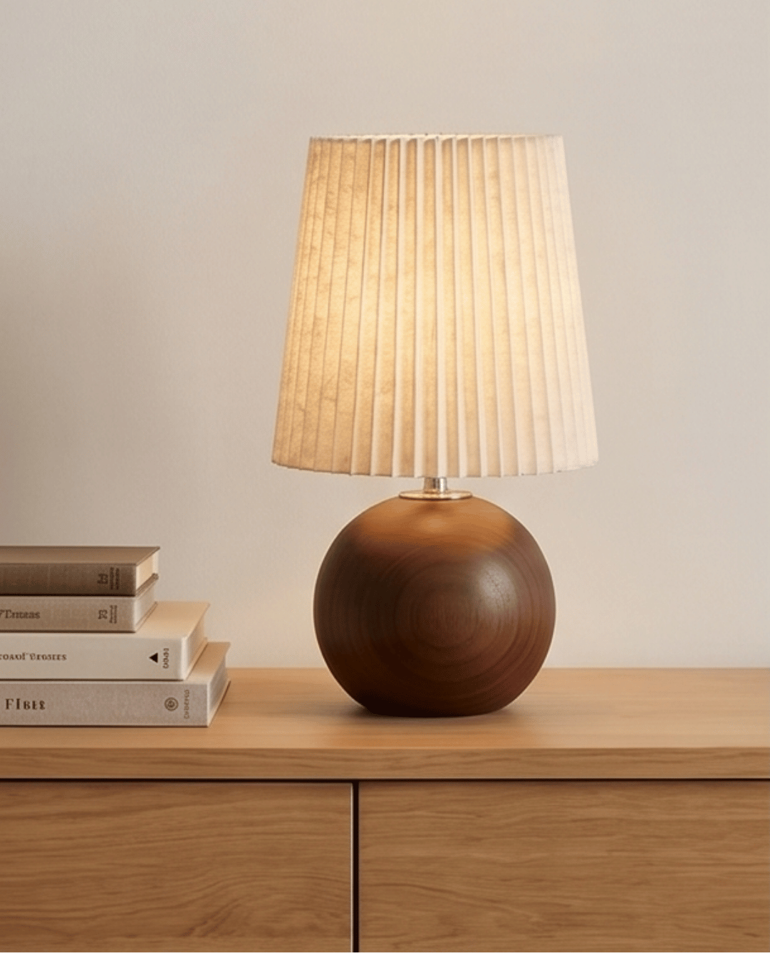 Table Lamp in Ceramic with Wood Design and Fabric Shade - Round, 28.5 cm