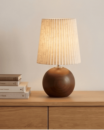 Table Lamp in Ceramic with Wood Design and Fabric Shade - Round, 28.5 cm