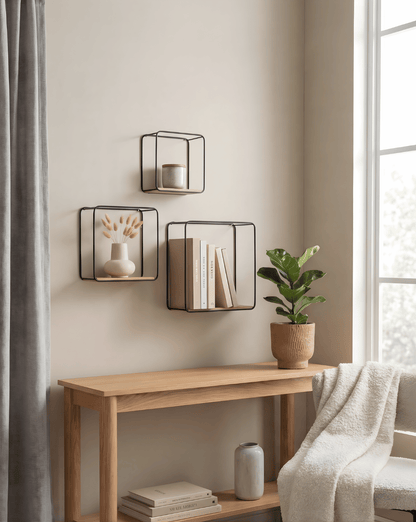 Wall Shelves 3-Piece – Wall Rack of Metal & Wood Veneer - Black