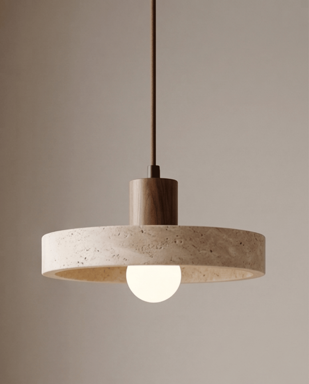 Dune Pendant Light in Yellow Travertine with Solid Wood Accent - Walnut