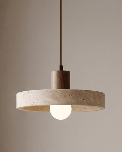 Dune Pendant Light in Yellow Travertine with Solid Wood Accent - Walnut