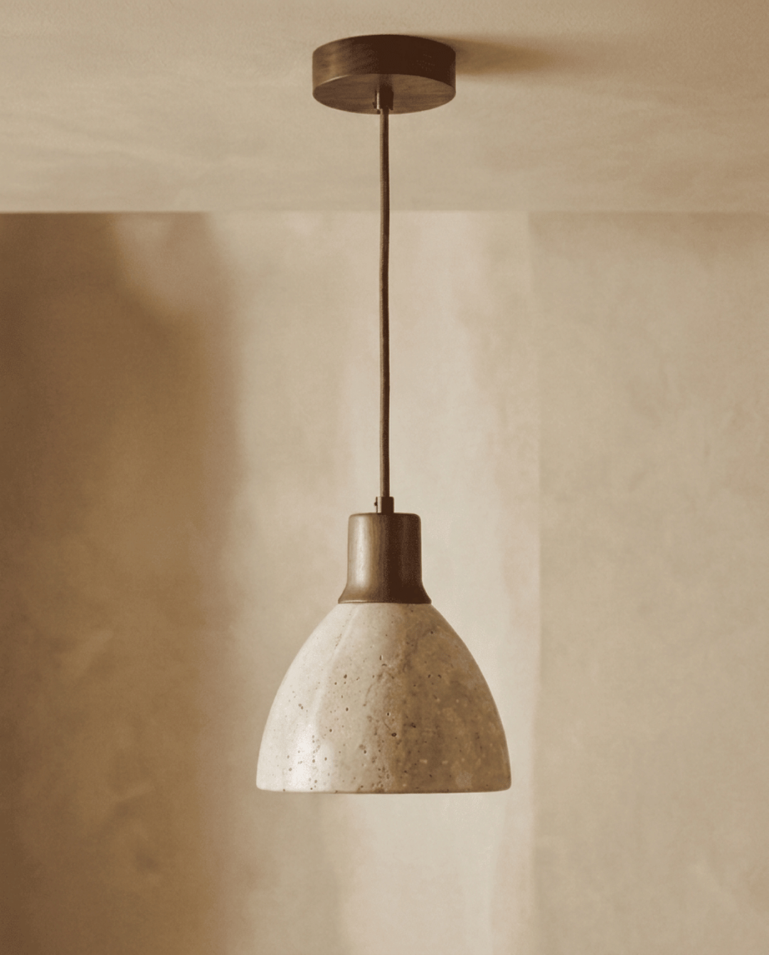 Cove Pendant Light in Beige Travertine with Solid Wood, ø 15 cm - Walnut