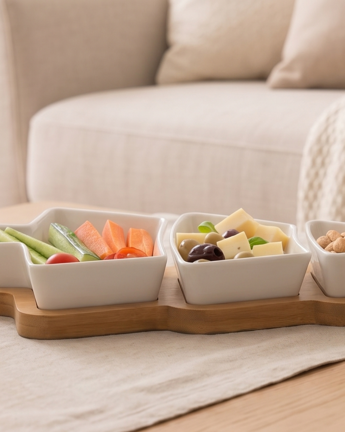 Grove Serving Bowl Set in Glossy White Porcelain with Bamboo Tray
