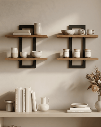 Wall Shelf 2-Tier – Wooden Wall Shelf with Metal Brackets