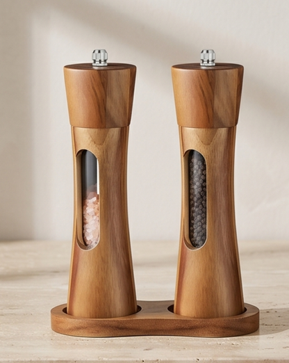 Acacia Wood Salt and Pepper Mill Set - Manual Kitchen Mills with Stand - Set