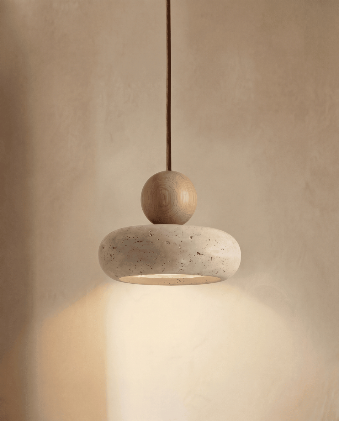 Cove Pendant Light in Beige Travertine with Wooden Accent - Pine