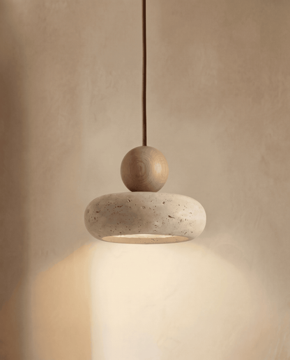 Cove Pendant Light in Beige Travertine with Wooden Accent - Pine