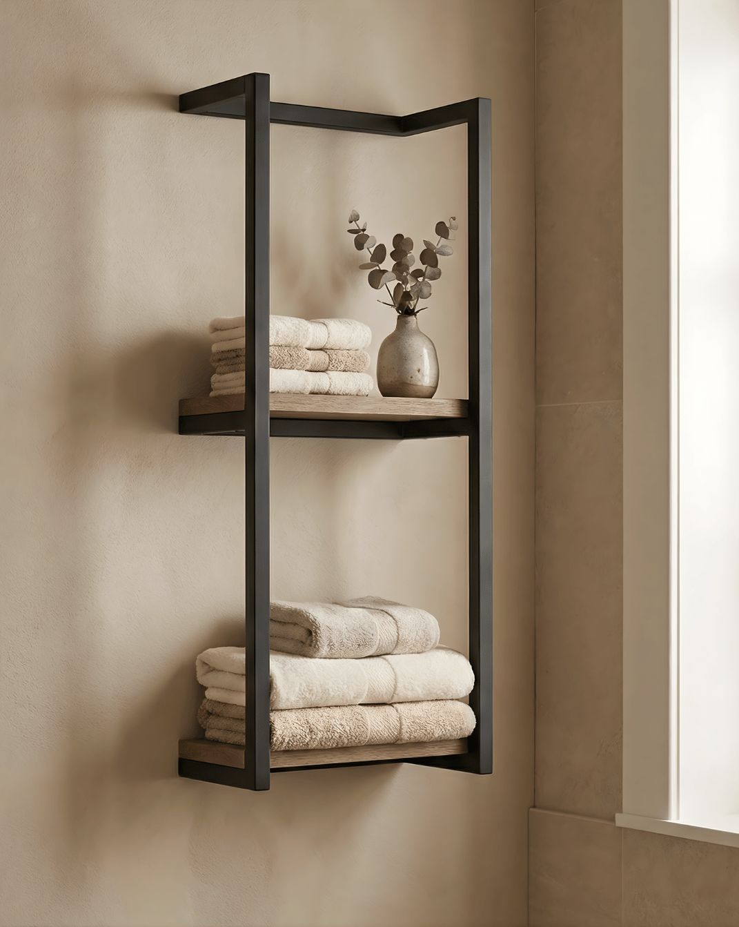 Havn Towel Rack 2-Tier in Natural Wood with Black Steel Frame, 77 cm - 2-Tier