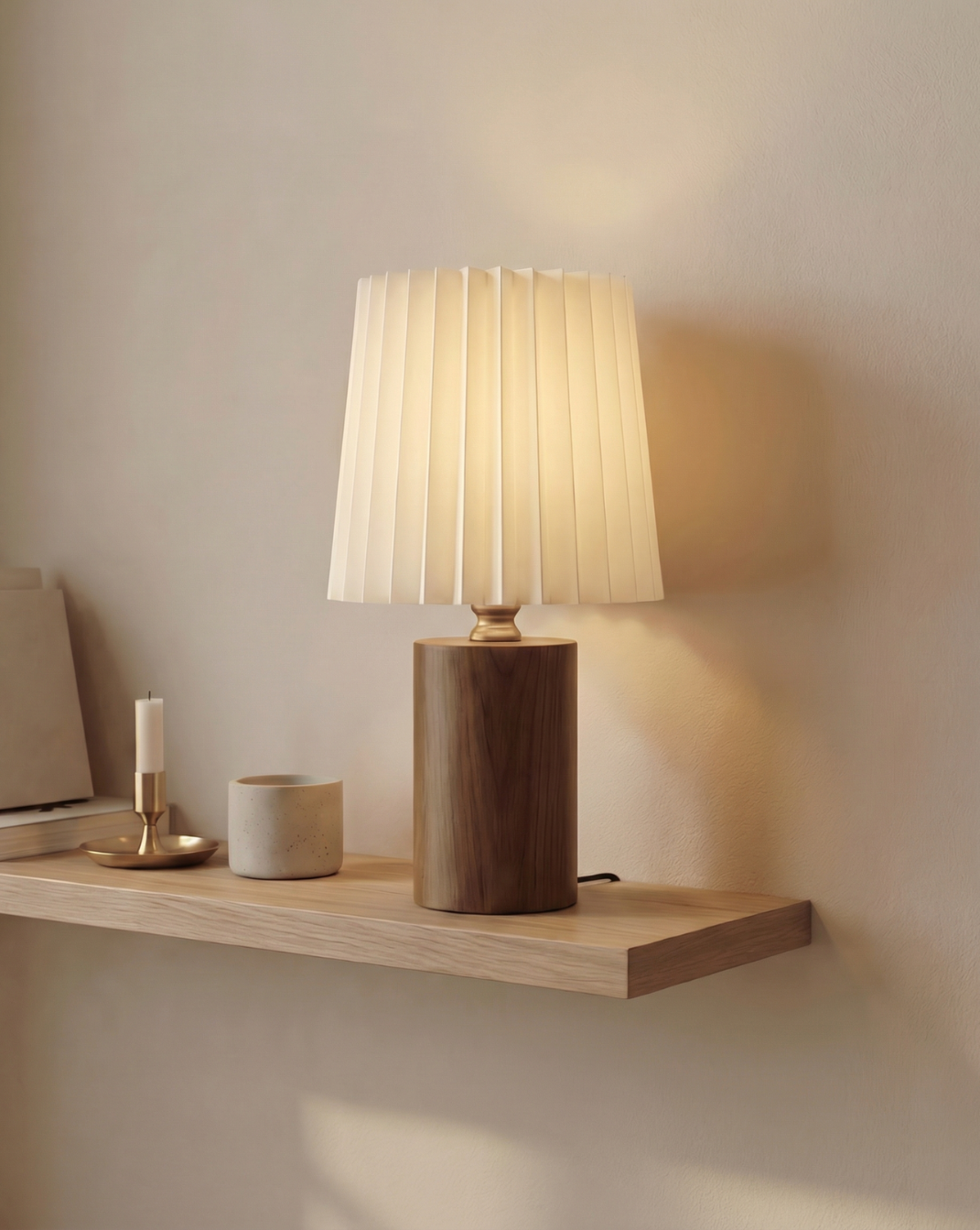 Korean-Style Table Lamp – Pleated Fabric Shade with Wooden Base - Walnut