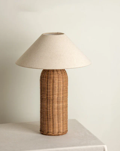 Wabi-Sabi Rattan Table Lamp – Hand-Woven Base with Fabric Shade - Round