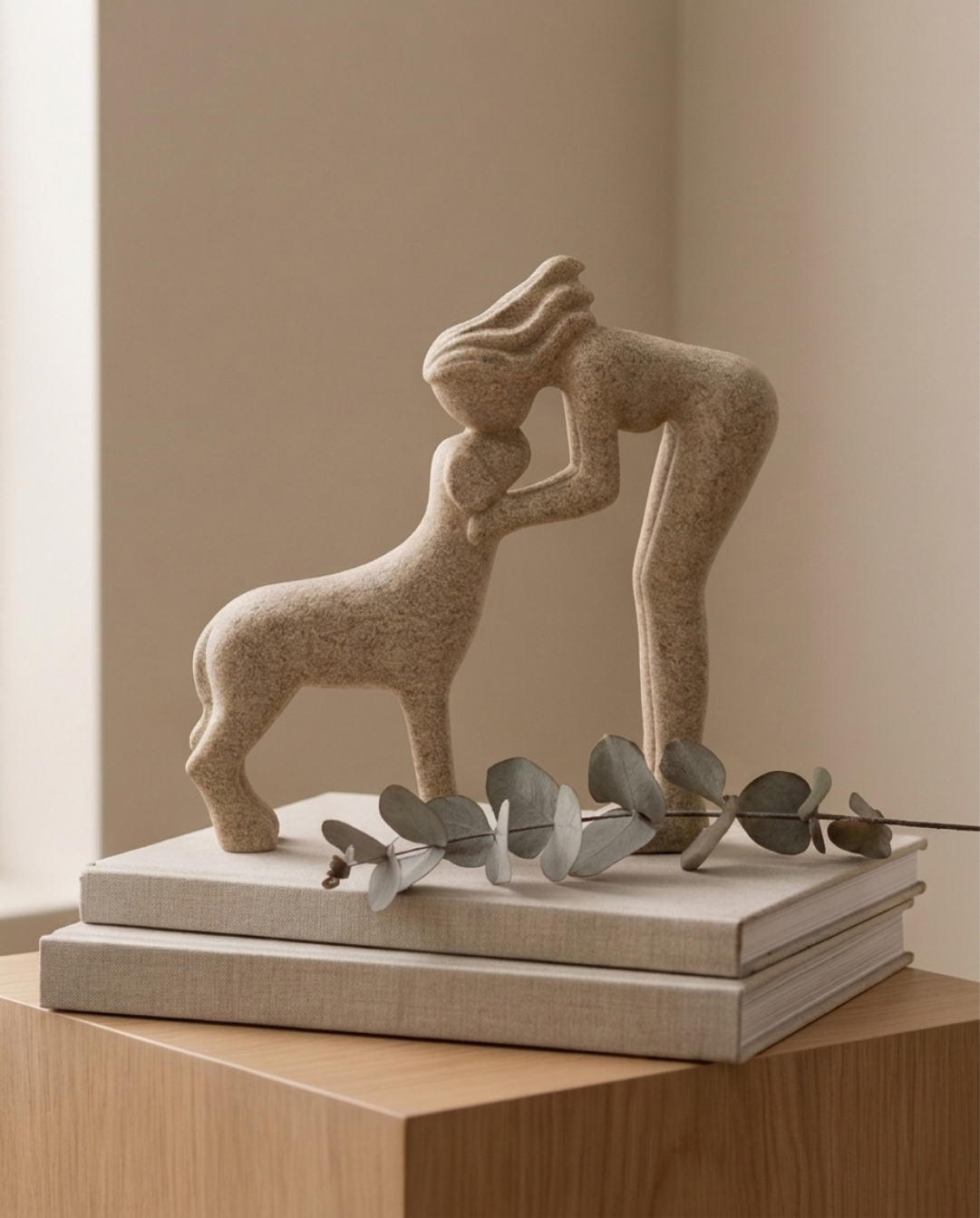 Abstract Figurine Resin – Modern Decorative Sculpture | Woman Kissing Dog - Beige