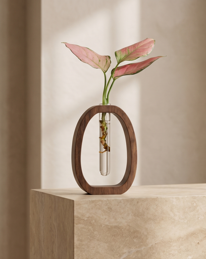 Cove Vase in Solid Walnut Wood with Glass Test Tube, 14.5 cm