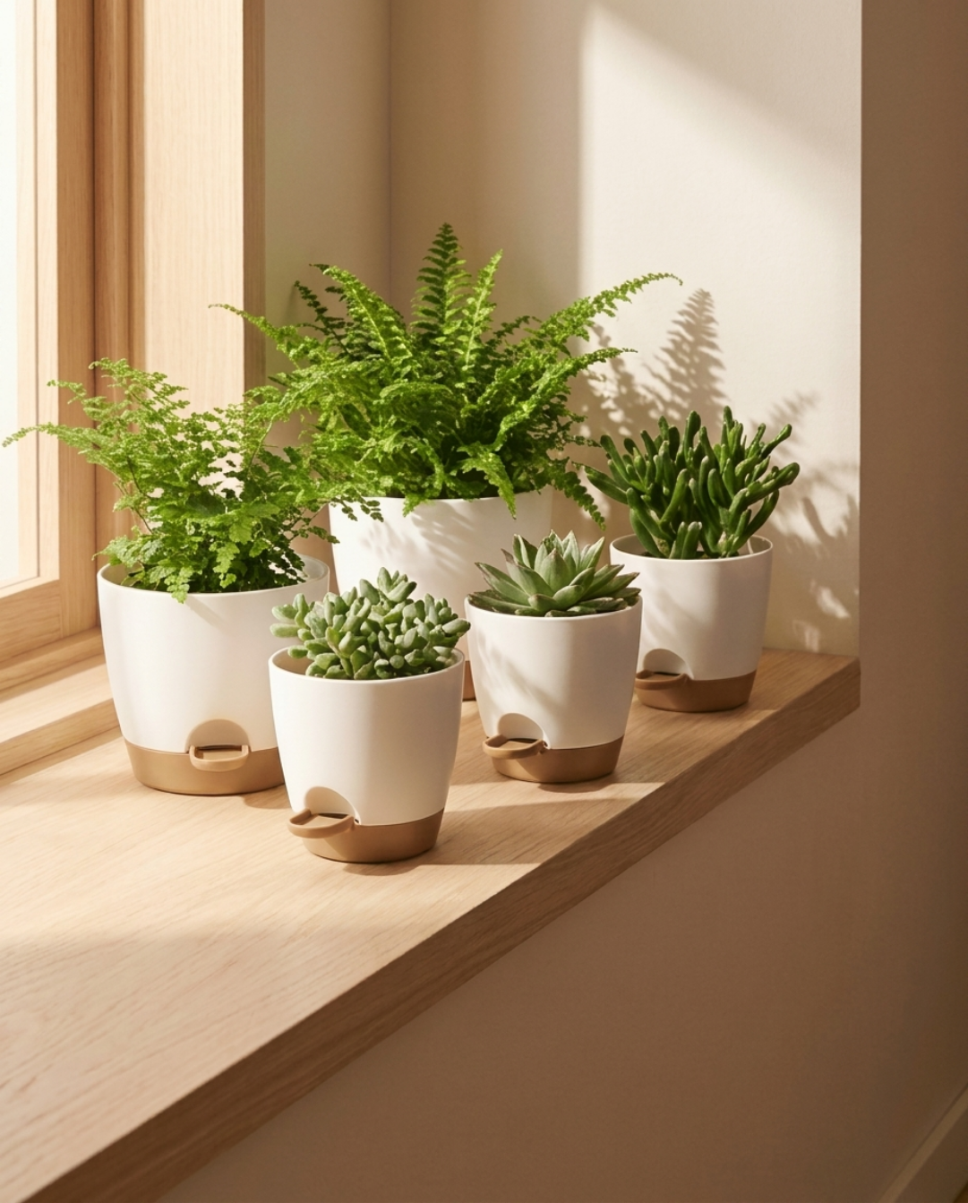 Self-Watering Plant Pot in Plastic, BPA-Free, Set of 5 - White/Brown