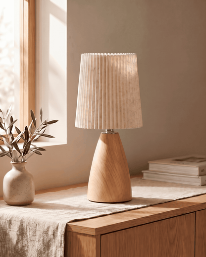 Table Lamp in Ceramic with Wood Design and Fabric Shade - Cone - Oak