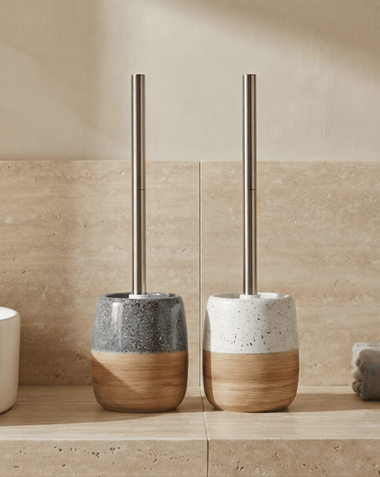 Ceramic Toilet Brush Set – Wood-Texture Base – Stainless Steel Handle - Grey