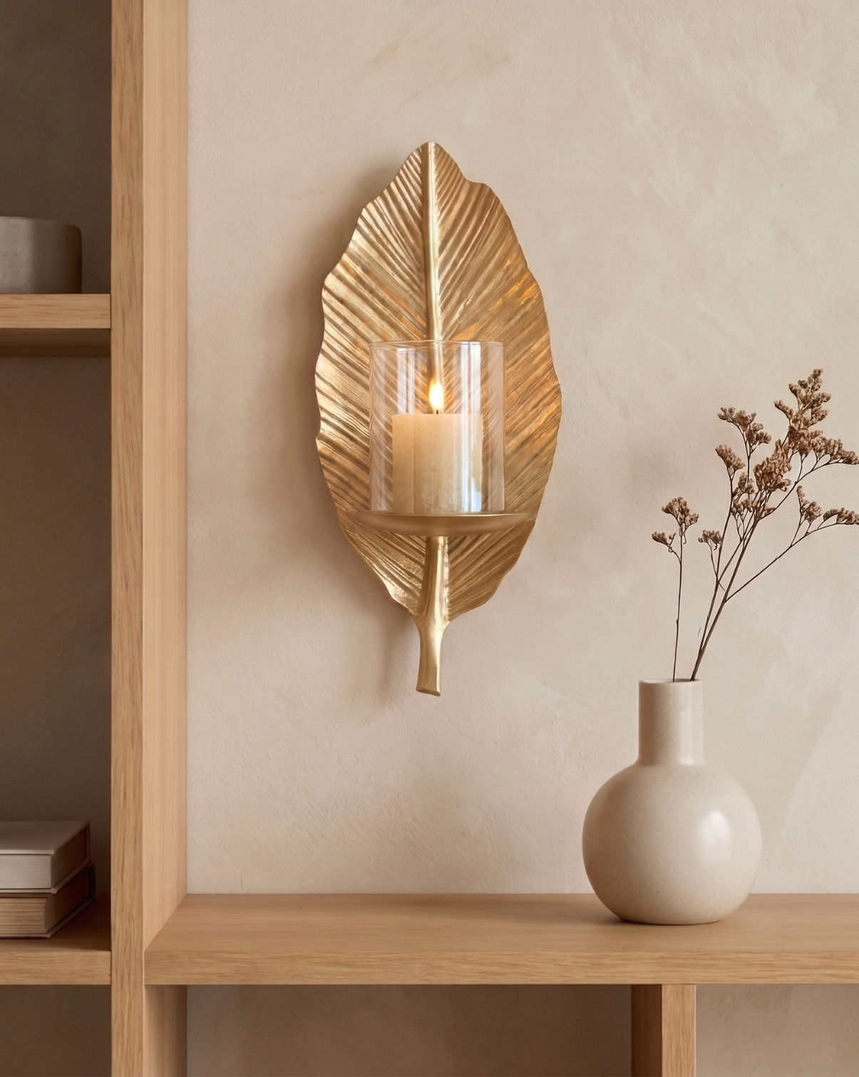 Wall Candle Holder – Leaf Design | Handmade Metal Candle Holder - Gold