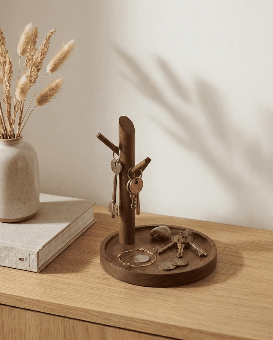 Key Holder Wood Bamboo | Minimalist Tray with Hooks, 20 cm - Brown