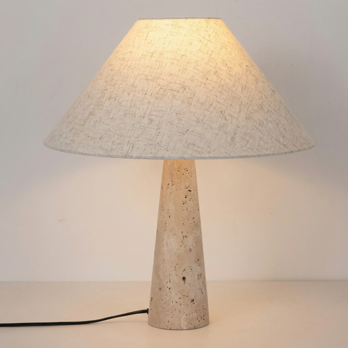 Japandi Travertine Table Lamp – Yellow Cave Stone Base with Linen Shade - Natural Stone