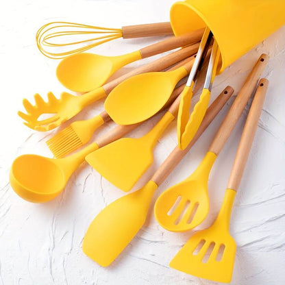 12-Piece Kitchen Utensil Set, Silicone with Wood Accent, Heat-Resistant to 230°C, Non-Stick