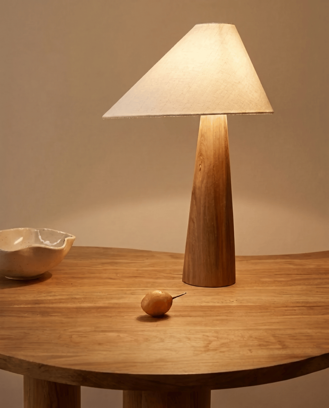 Grove Table Lamp in Solid Wood with Beige Fabric Shade, 45 cm