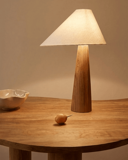 Grove Table Lamp in Solid Wood with Beige Fabric Shade, 45 cm