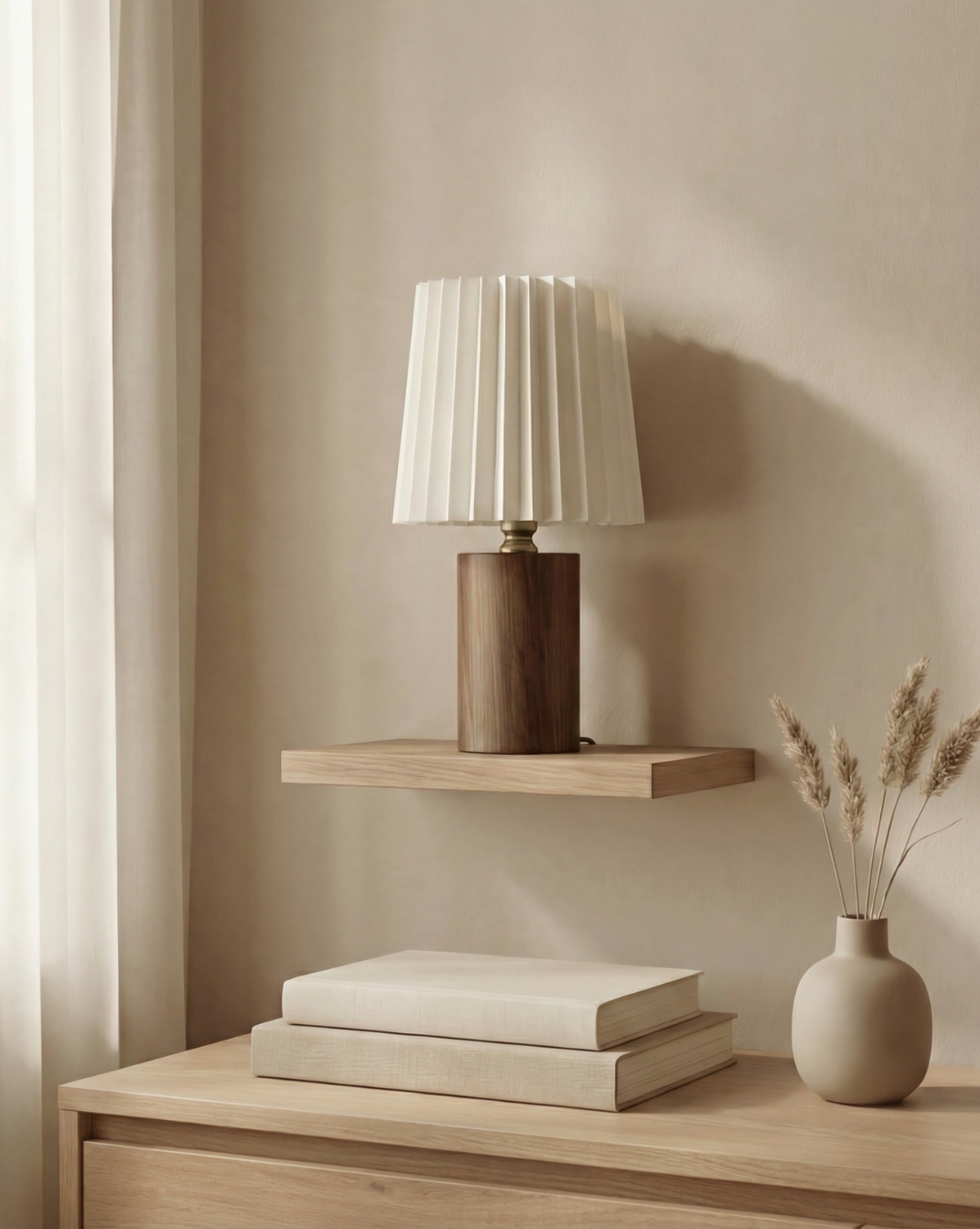 Korean-Style Table Lamp – Pleated Fabric Shade with Wooden Base - Oak