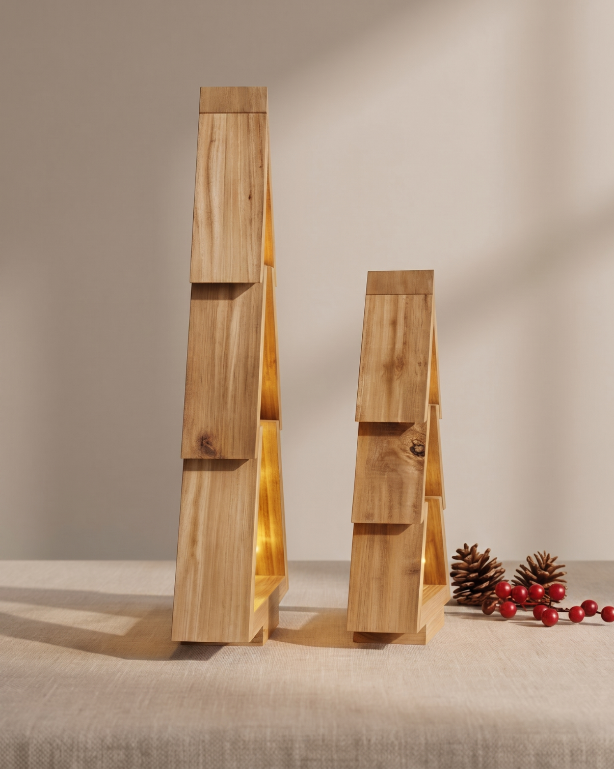 Vale Wooden Christmas Tree Set with Built-In LED Lighting, Natural Wood