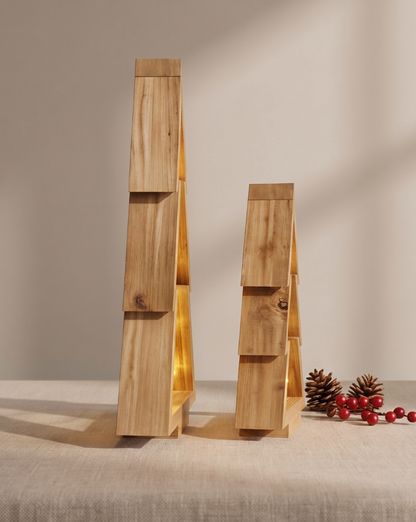 Vale Wooden Christmas Tree Set with Built-In LED Lighting, Natural Wood