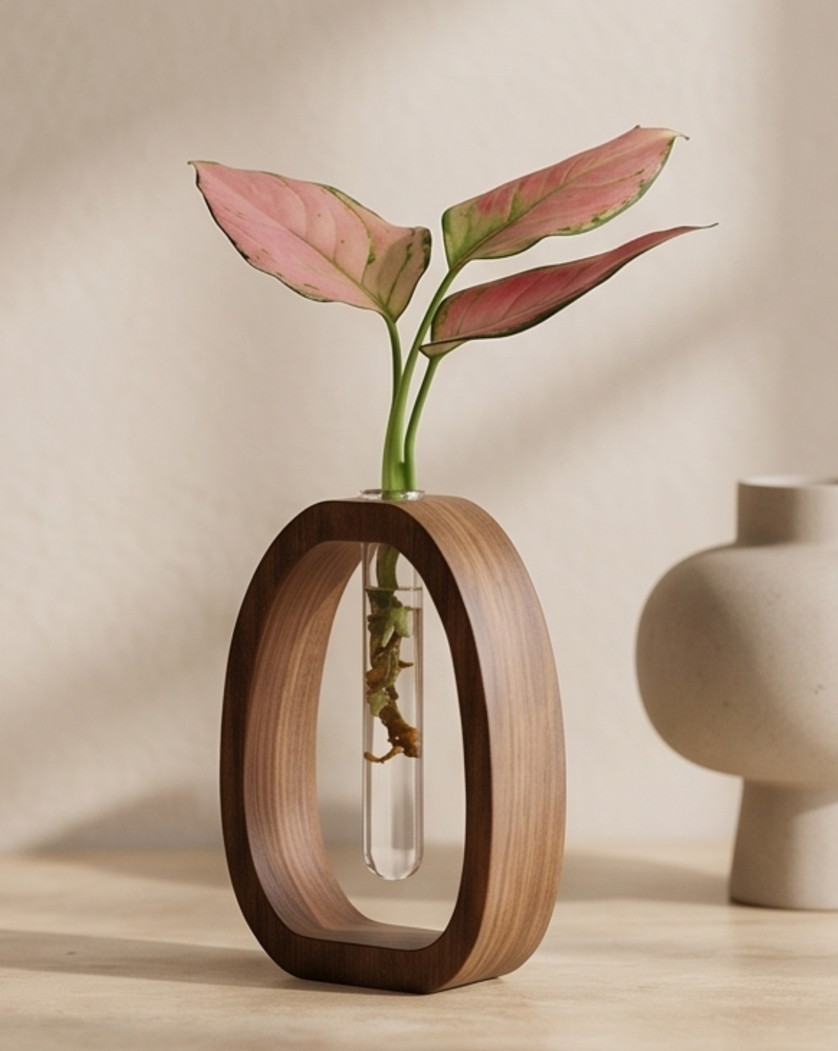 Cove Vase in Solid Walnut Wood with Glass Test Tube, 14.5 cm